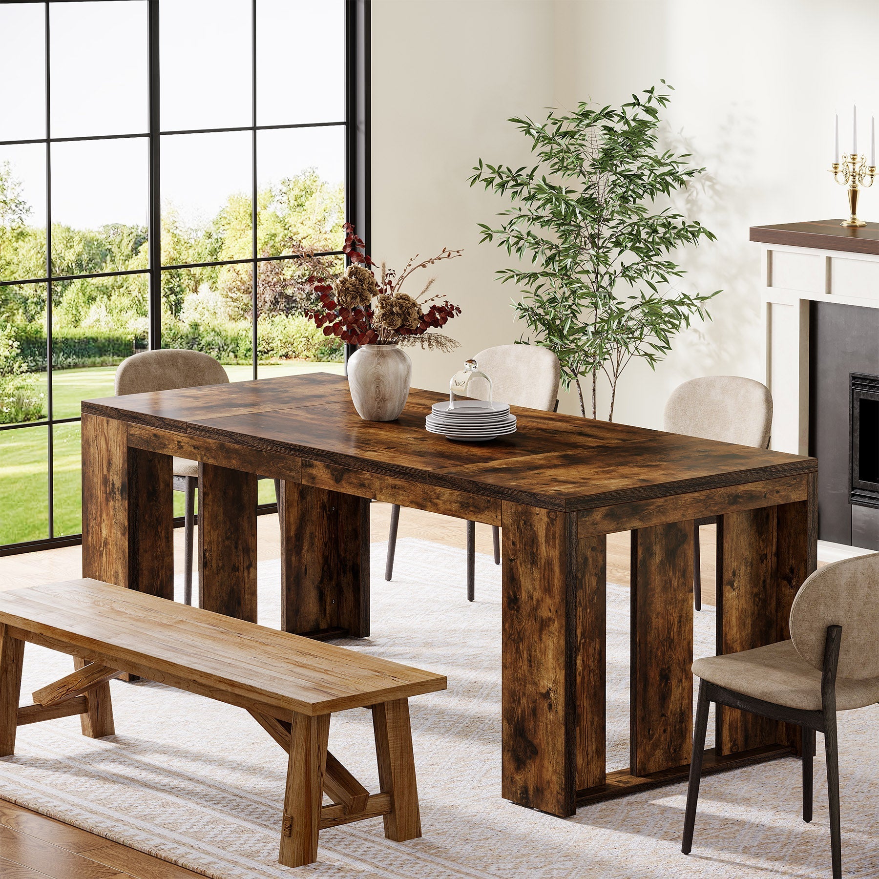 Wood Kitchen Table, 160 cm Farmhouse Dining Table for 4-6 People