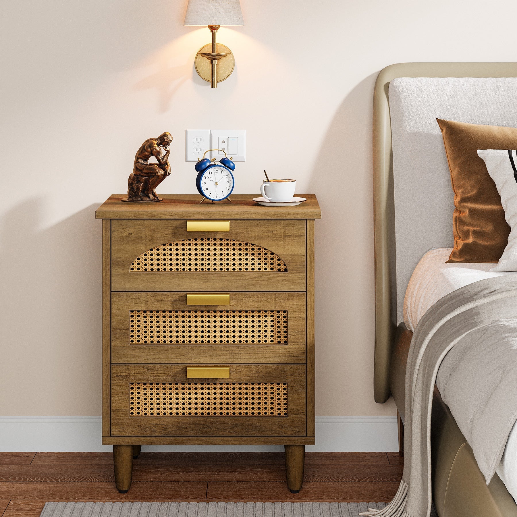 Wood Night Stand, 50.8 cm Bedside Table Storage Cabinet with 3 Drawers