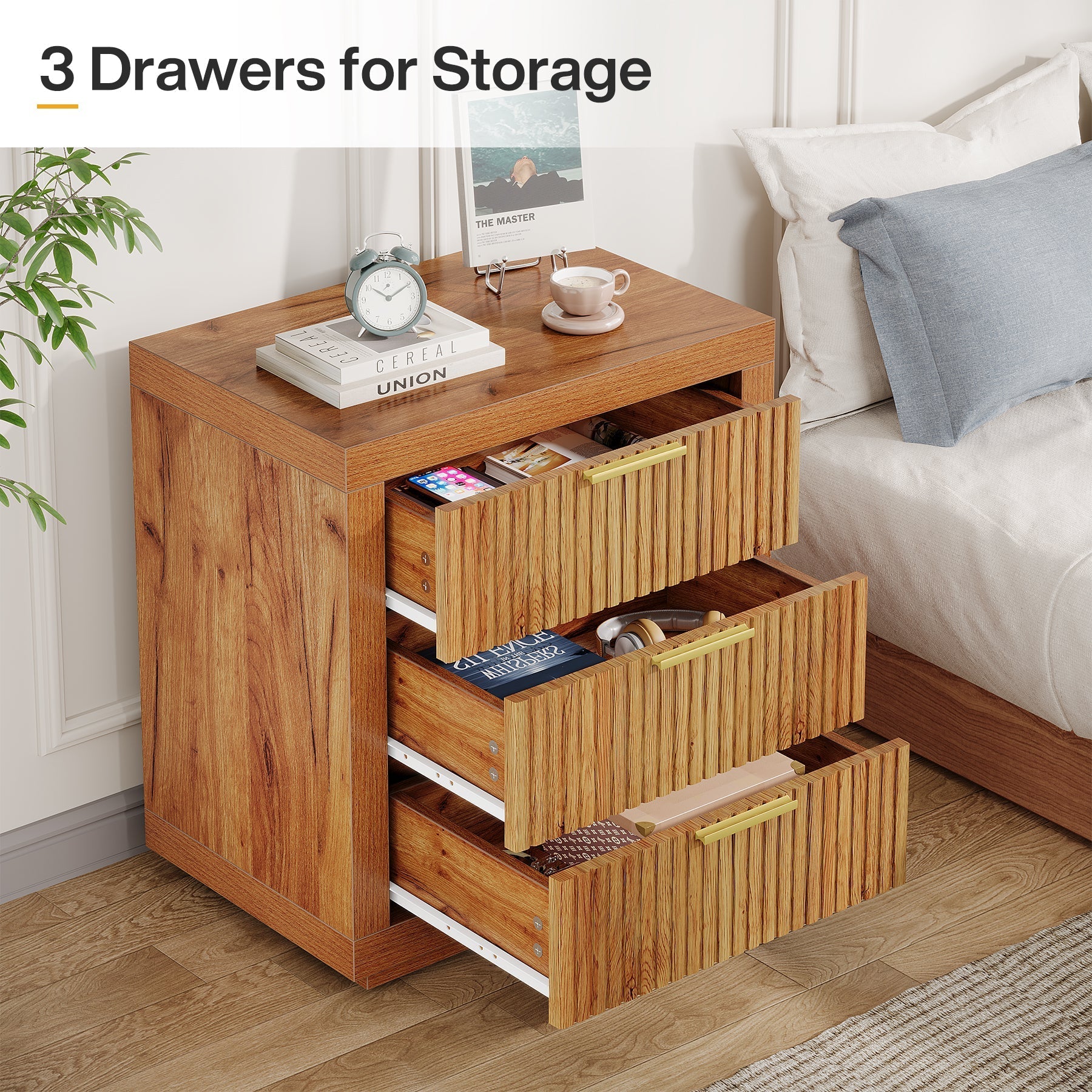 Wood Nightstand, 3-Drawer Storage Cabinet End Table (76.2 cm)