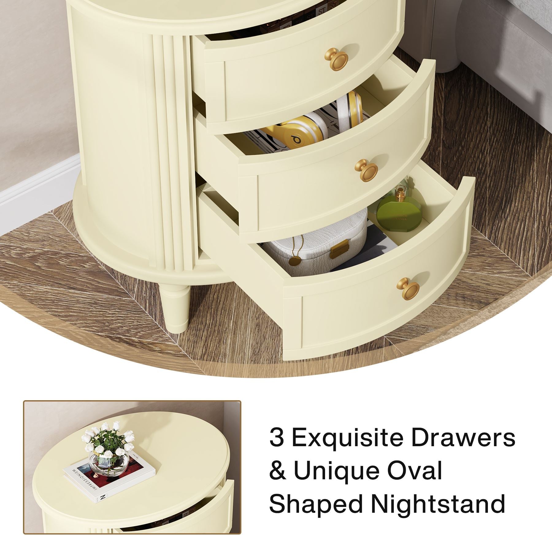 Wood Nightstand Bedside Table with 3 Drawers & Solid Wood Legs (CM)