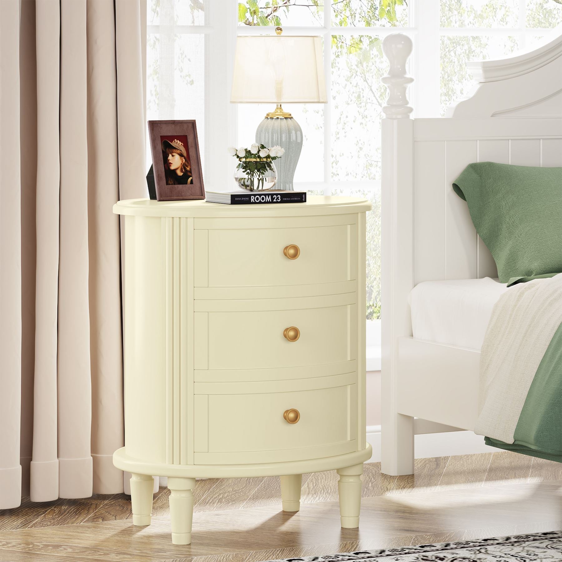 Wood Nightstand Bedside Table with 3 Drawers & Solid Wood Legs (CM)