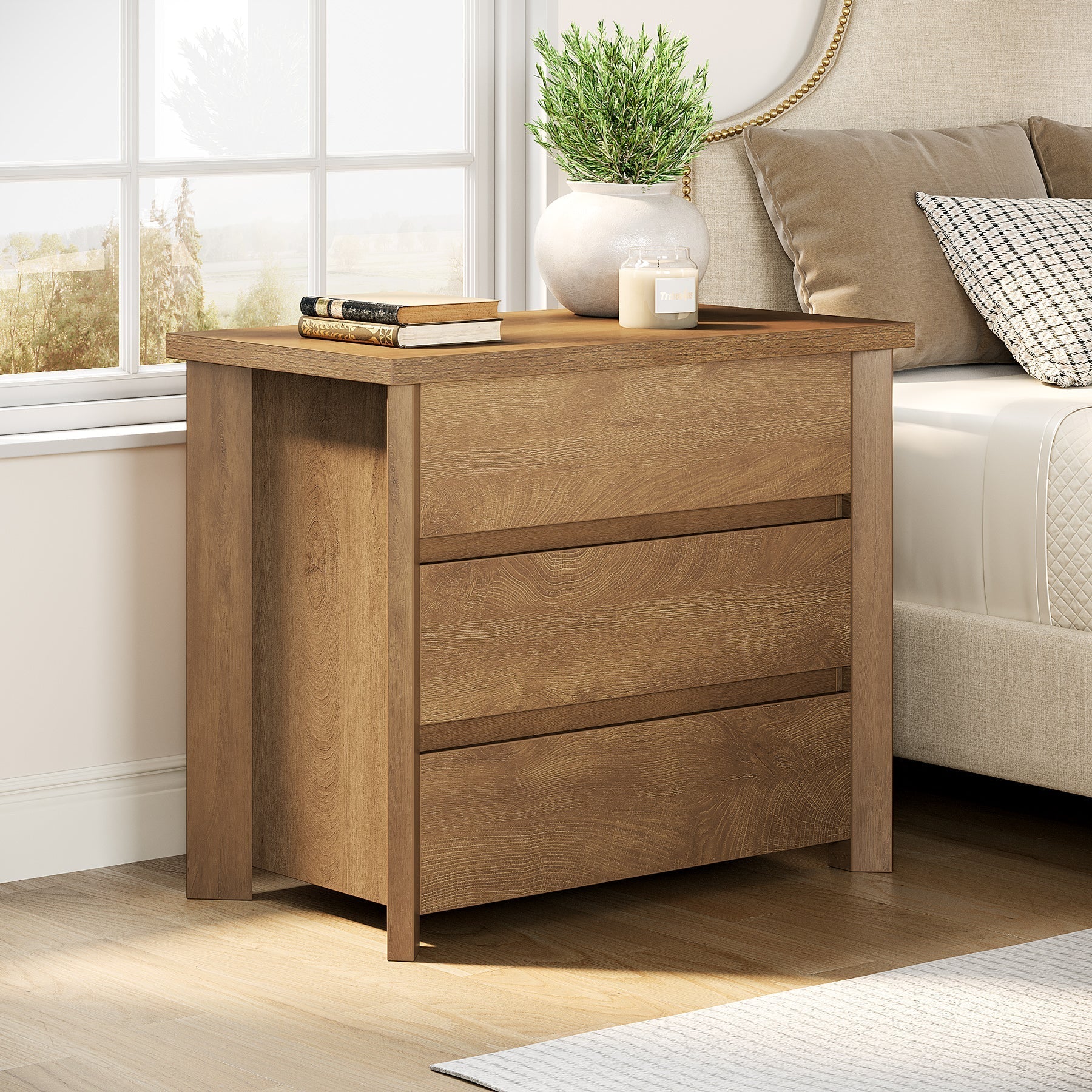 Wood Nightstand, Farmhouse Bedside Table with 3 Storage Drawers (76.2 cm)