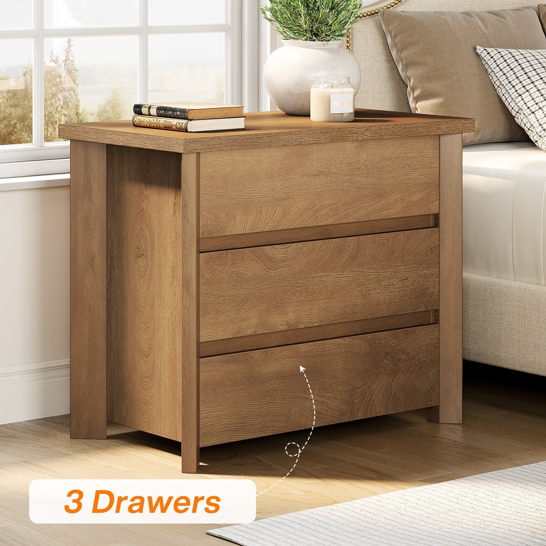 Wood Nightstand, Farmhouse Bedside Table with 3 Storage Drawers (76.2 cm)