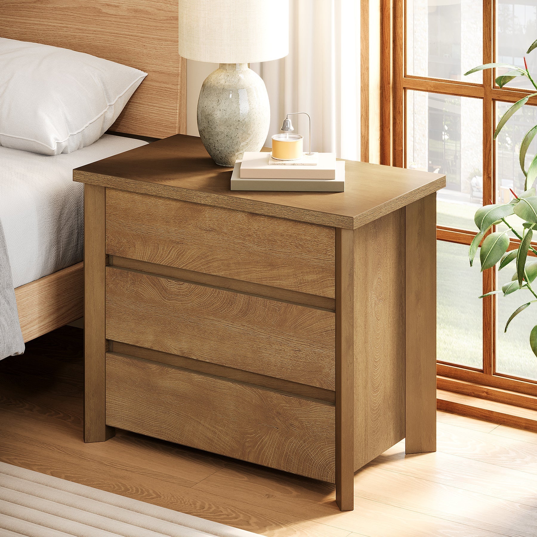 Wood Nightstand, Farmhouse Bedside Table with 3 Storage Drawers (76.2 cm)