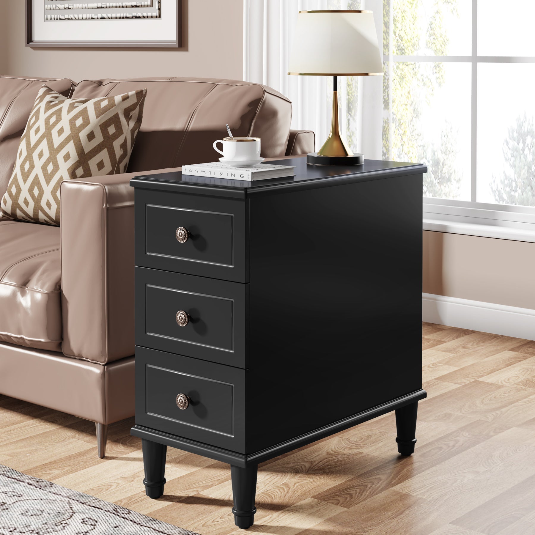 Wood Nightstand, Fully Assembled Narrow Side Table with 3 Drawers