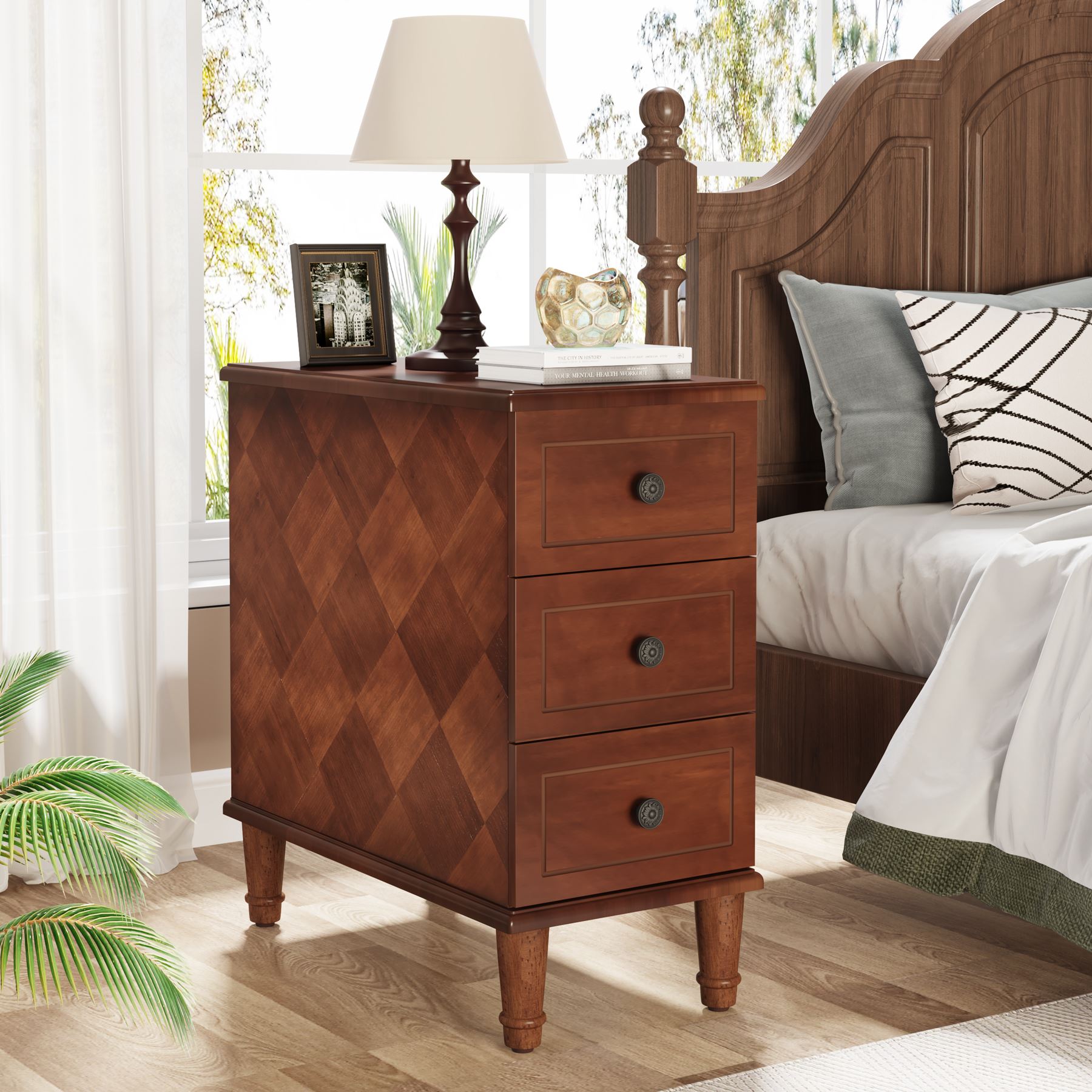 Wood Nightstand, Fully Assembled Narrow Side Table with 3 Drawers