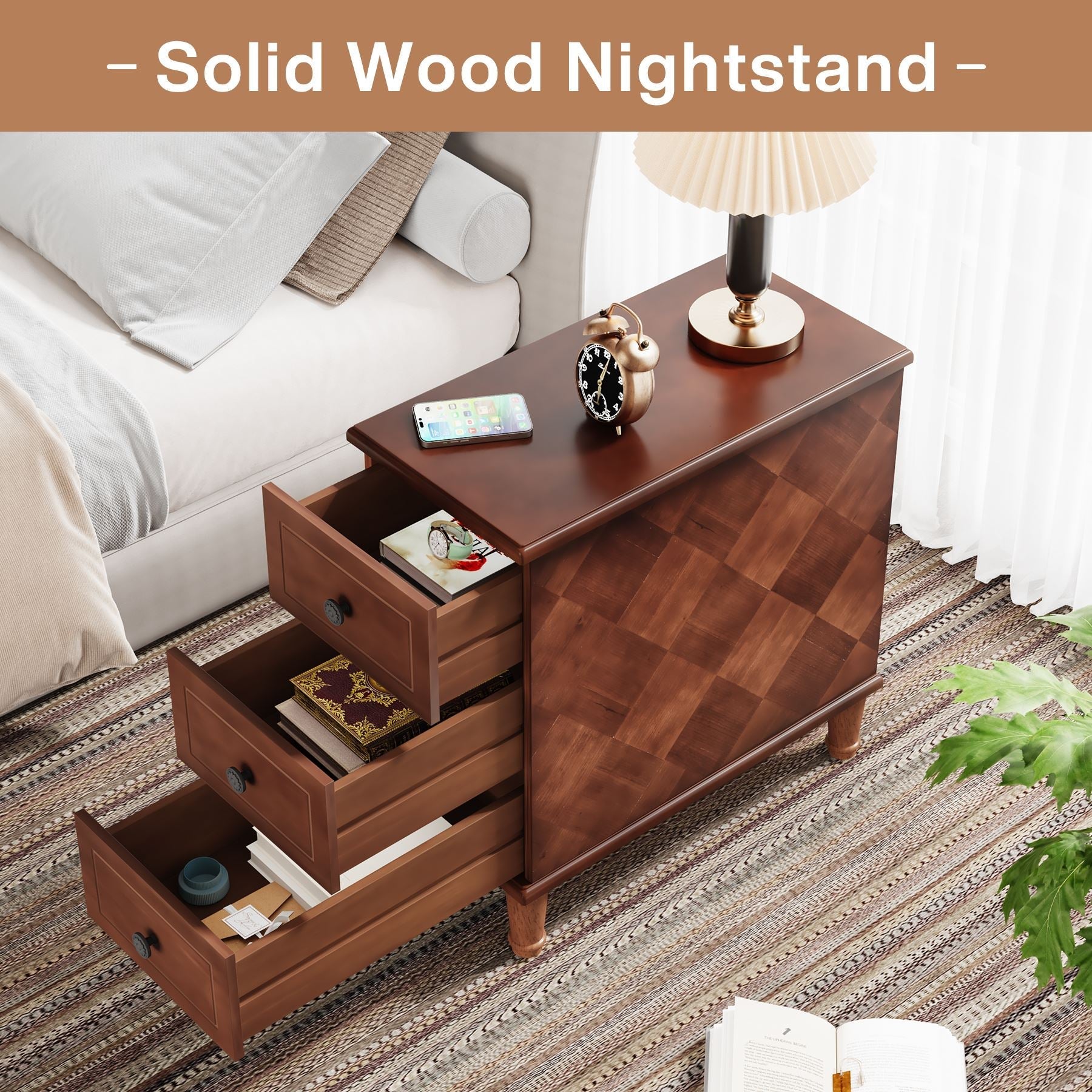 Wood Nightstand, Fully Assembled Narrow Side Table with 3 Drawers