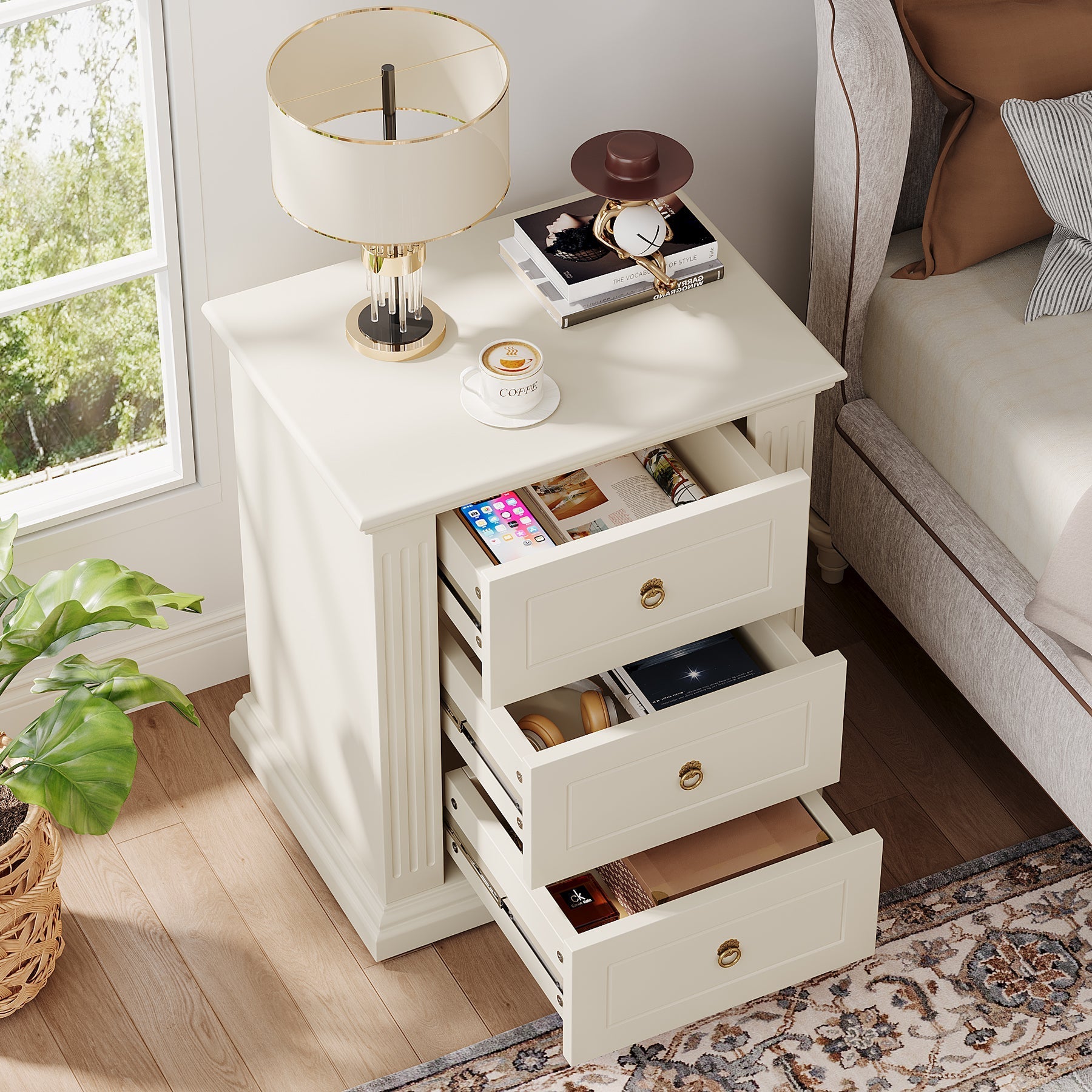 Wood Nightstand, Modern End Table Bedside Table with 3 Storage Drawers (cm)