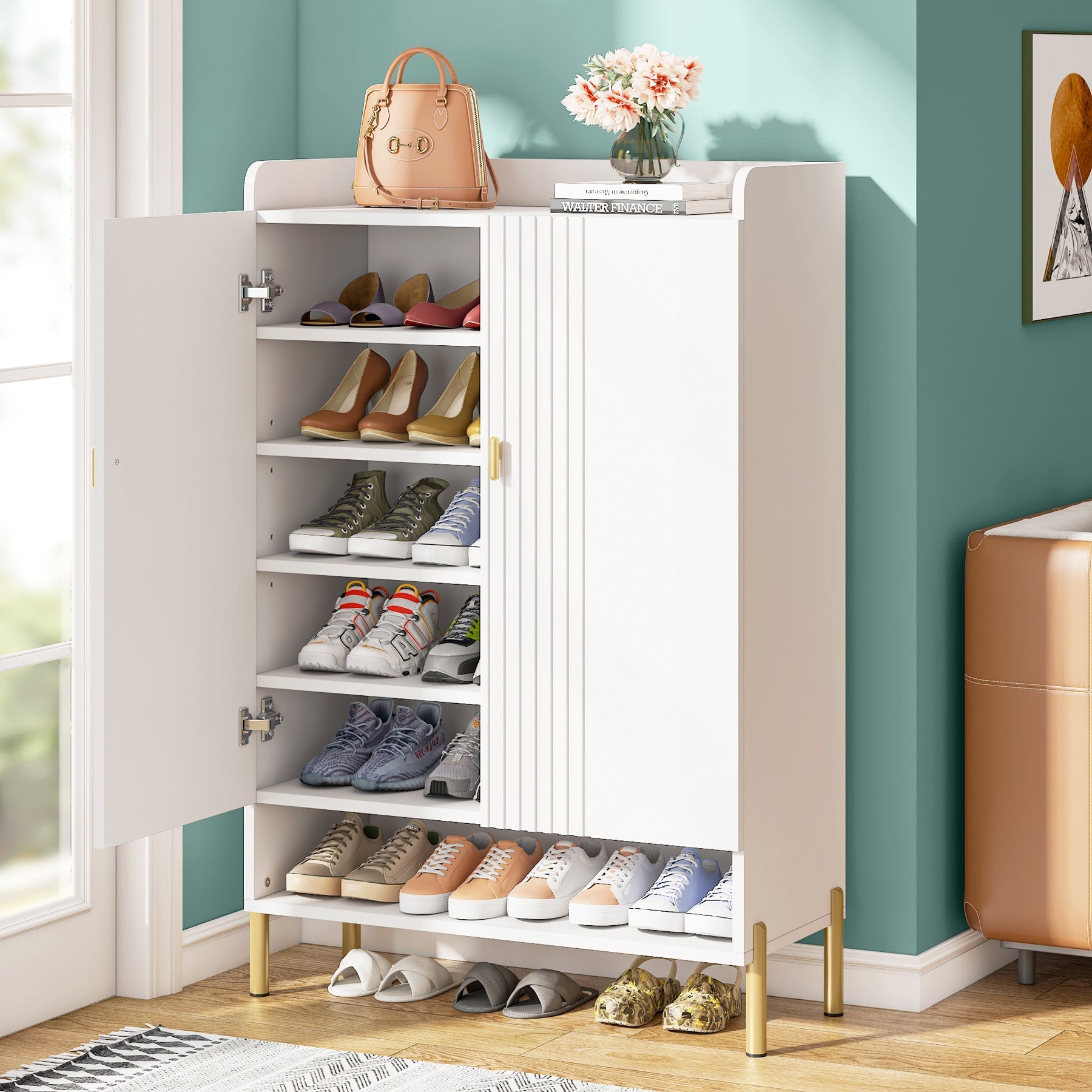 Wood Shoe Cabinet, 6-Tier Shoe Organizer with Adjustable Shelves for Entryway (Dimensions in cm)