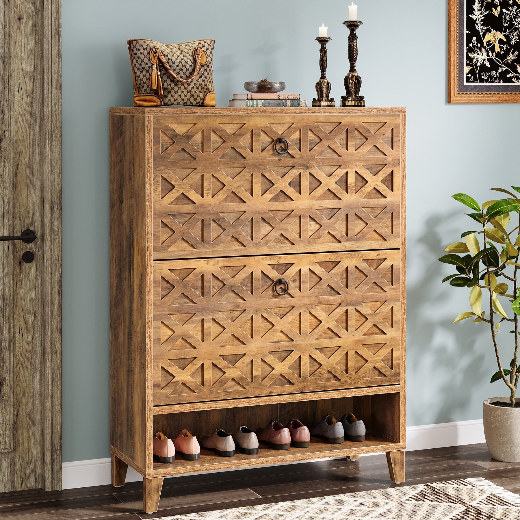 Wood Shoe Cabinet, Shoe Storage Organizer with 2 Flip Drawers (in cm)