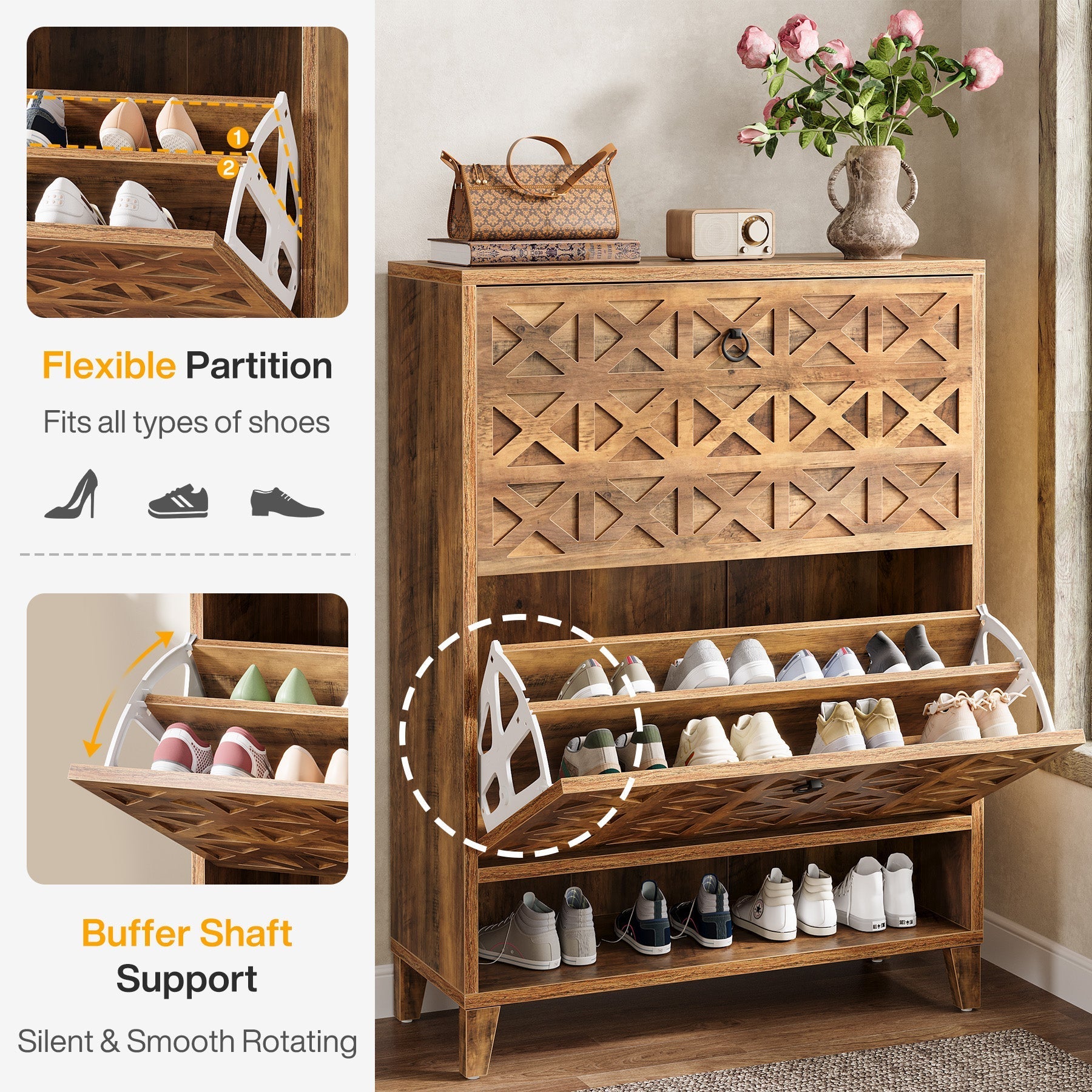 Wood Shoe Cabinet, Shoe Storage Organizer with 2 Flip Drawers (in cm)