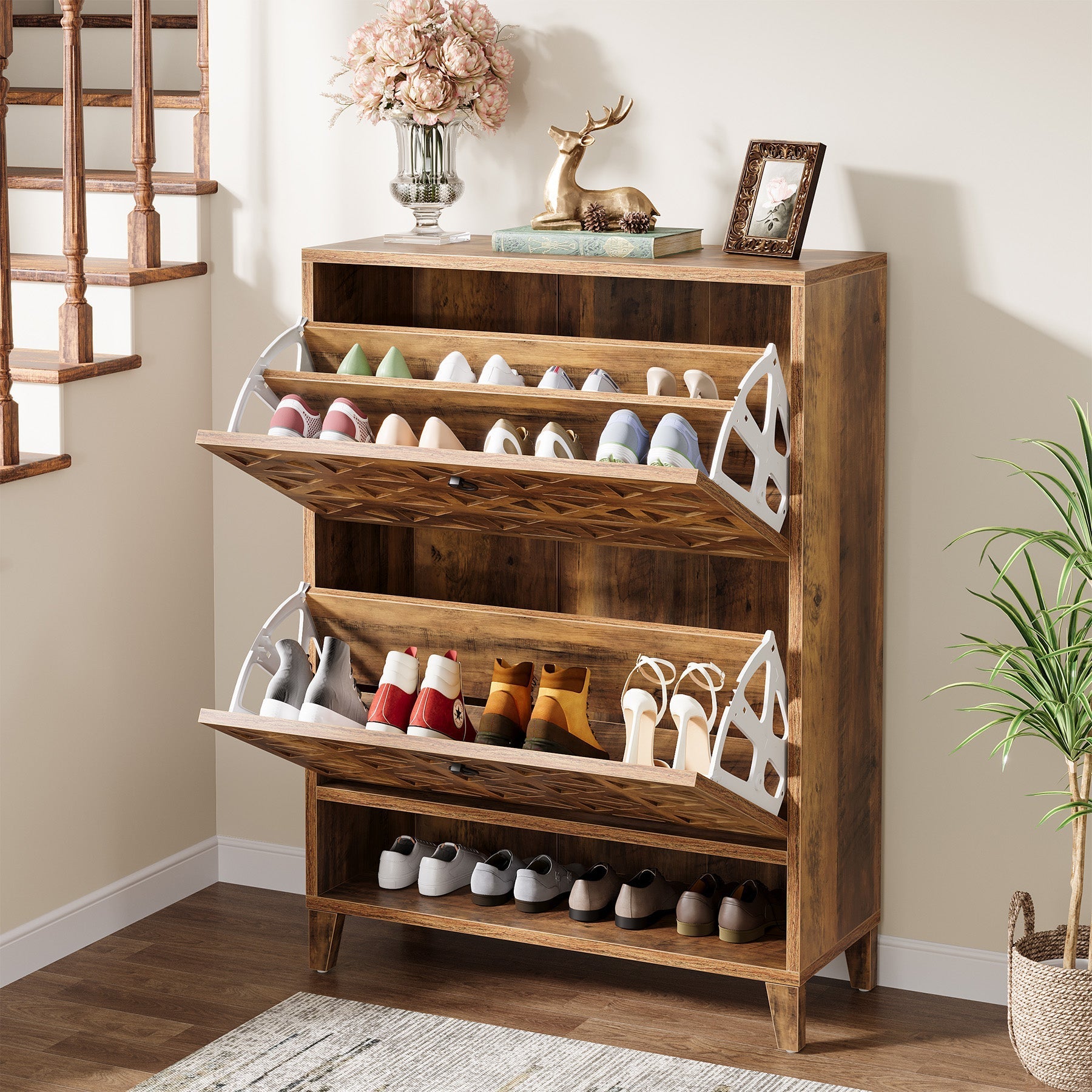 Wood Shoe Cabinet, Shoe Storage Organizer with 2 Flip Drawers (in cm)