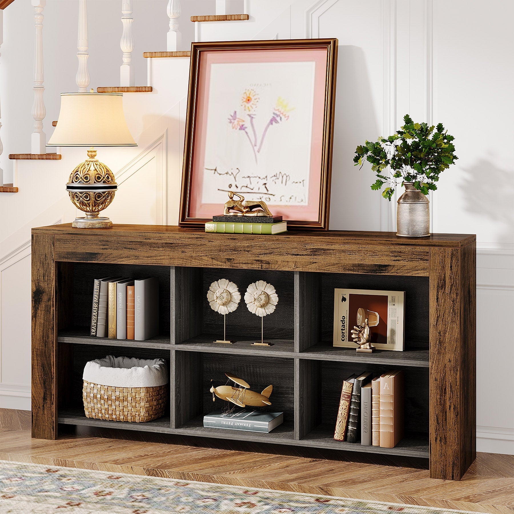 Wood Sofa Table, Rustic Console Table Entryway Table with 6 Storage Cubes (in cm)