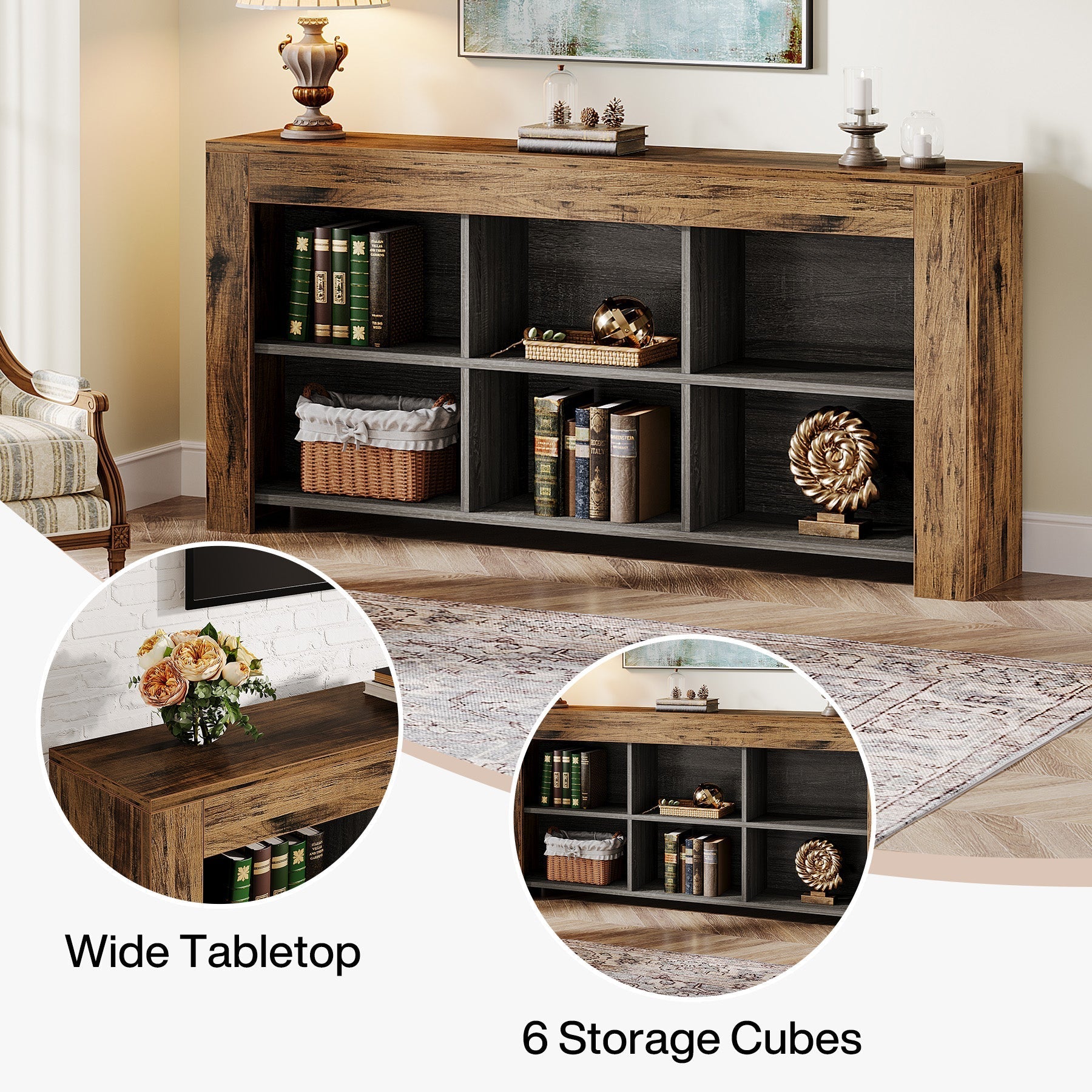 Wood Sofa Table, Rustic Console Table Entryway Table with 6 Storage Cubes (in cm)