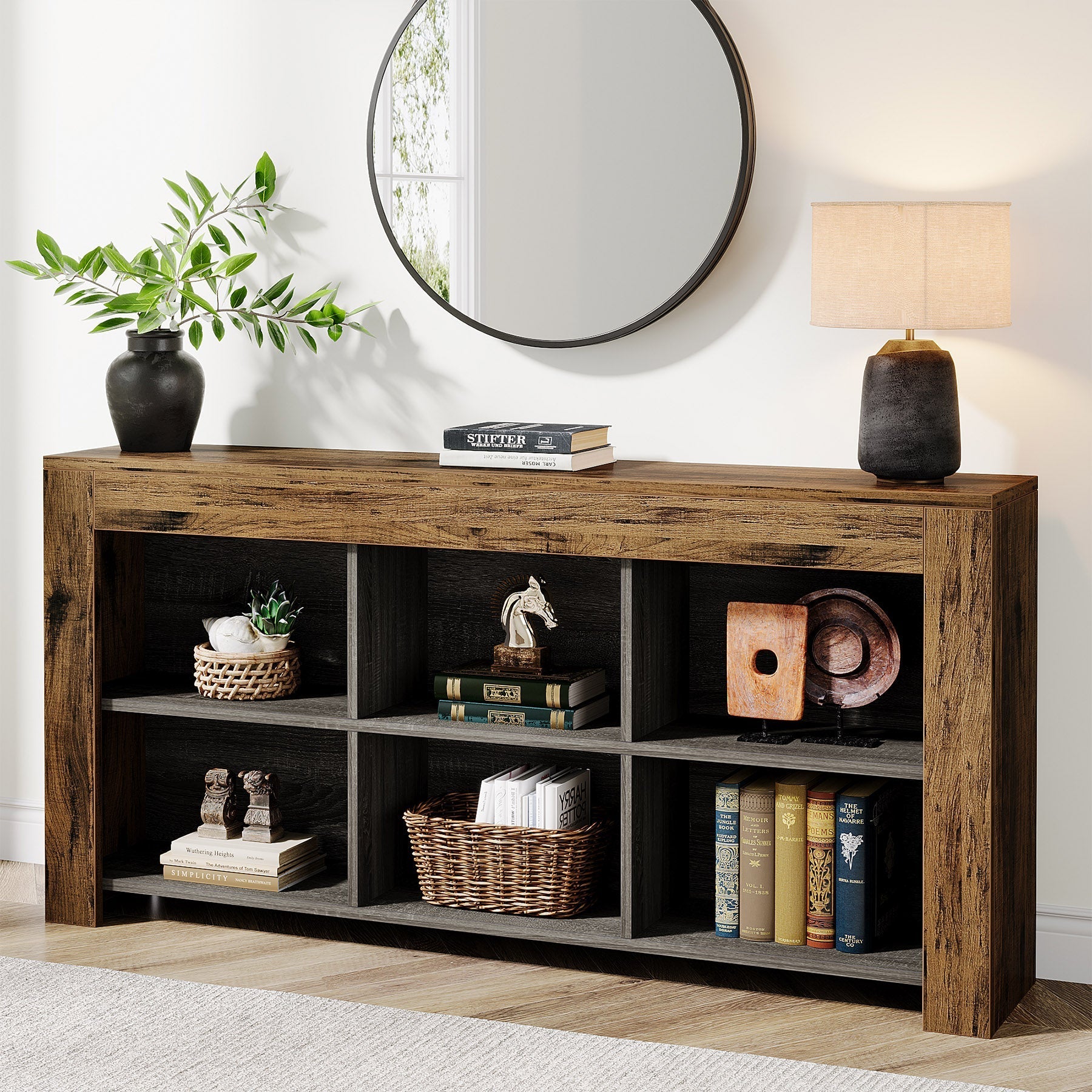 Wood Sofa Table, Rustic Console Table Entryway Table with 6 Storage Cubes (in cm)