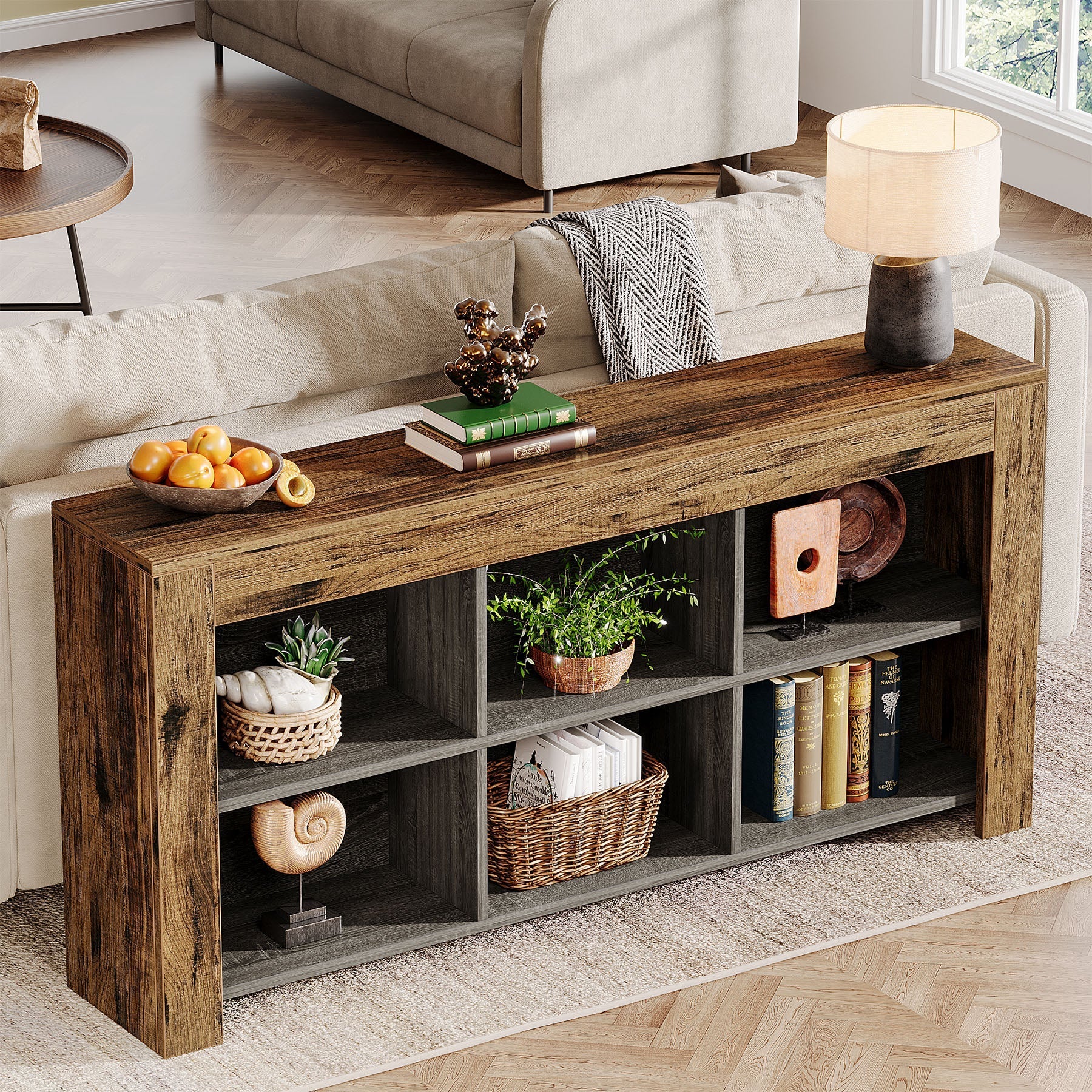 Wood Sofa Table, Rustic Console Table Entryway Table with 6 Storage Cubes (in cm)