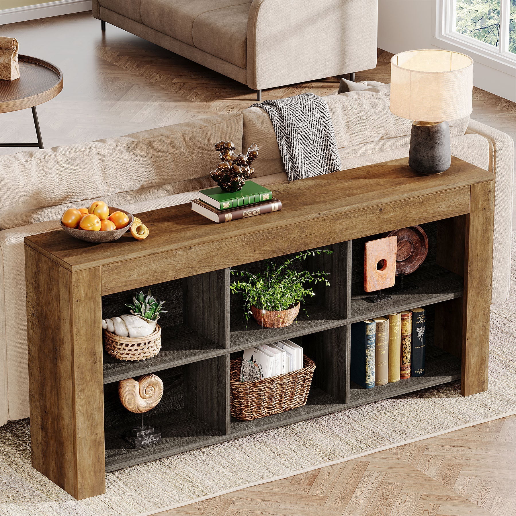 Wood Sofa Table, Rustic Console Table Entryway Table with 6 Storage Cubes (in cm)