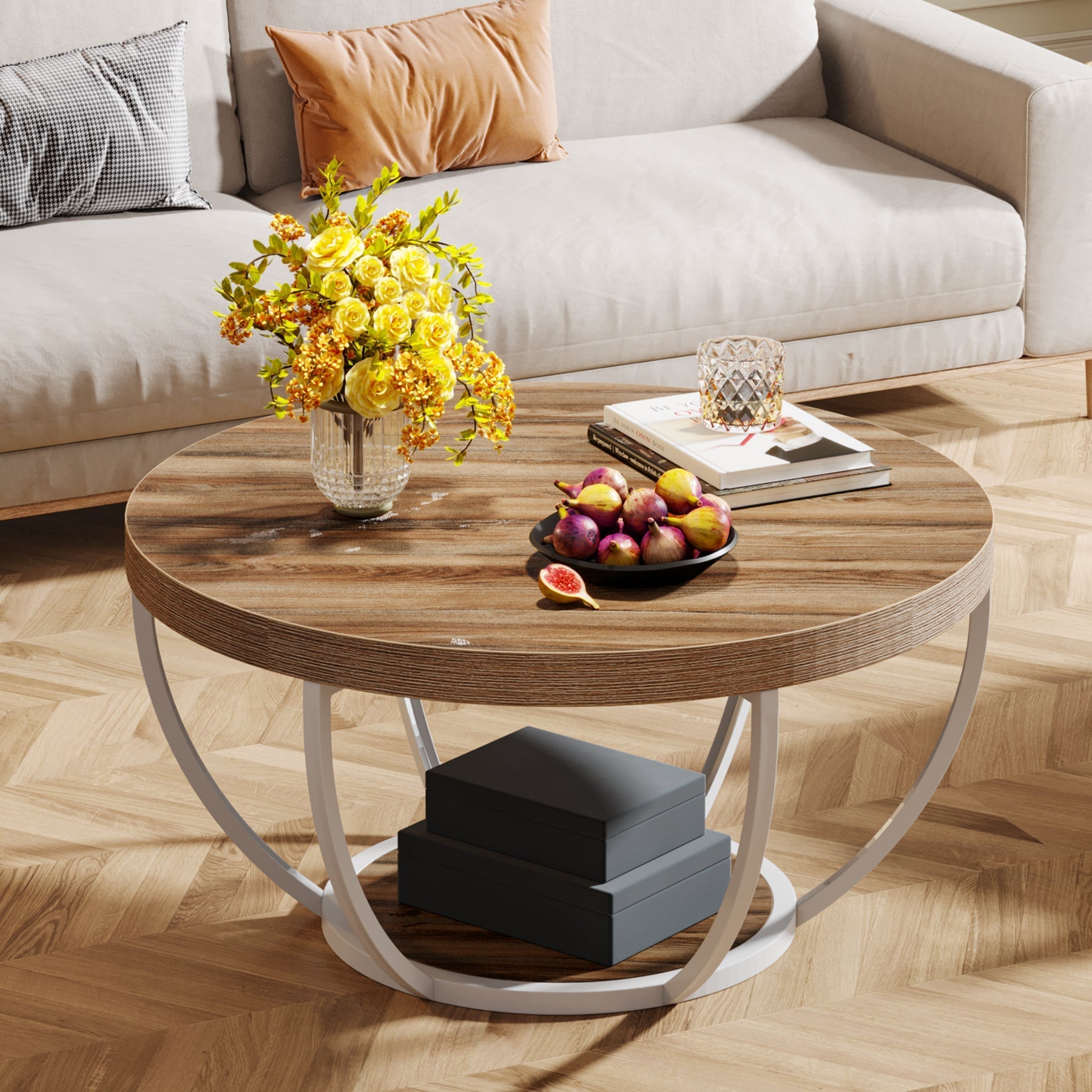 Wooden Coffee Table, 2-Tier Round Central Cocktail Table with Shelves (cm)