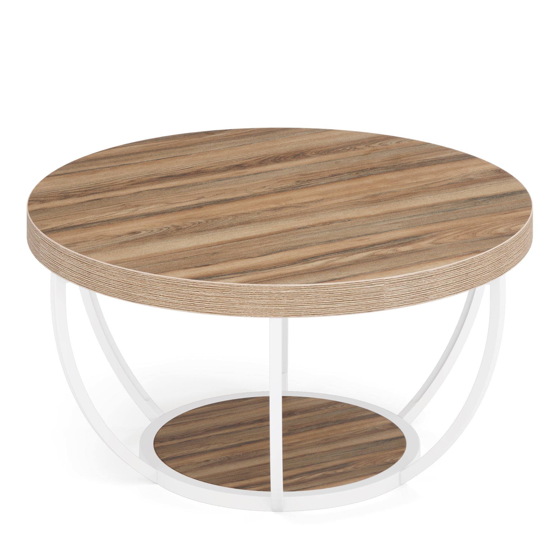 Wooden Coffee Table, 2-Tier Round Central Cocktail Table with Shelves (cm)