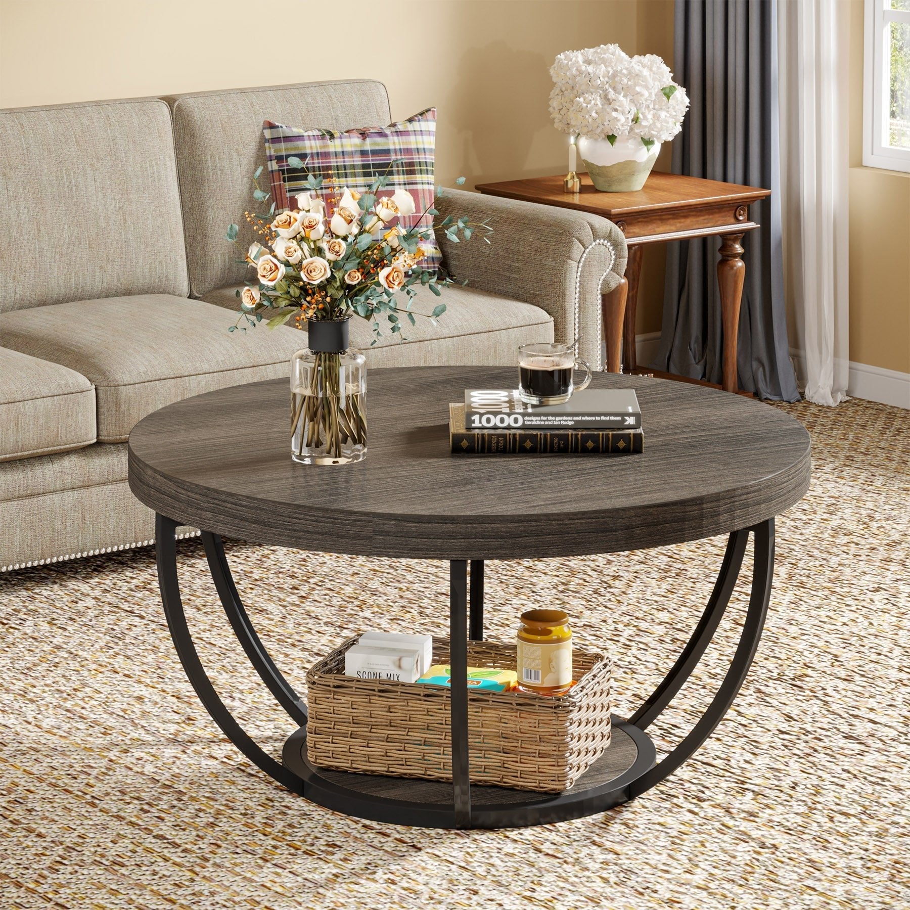 Wooden Coffee Table, 2-Tier Round Central Cocktail Table with Shelves (cm)