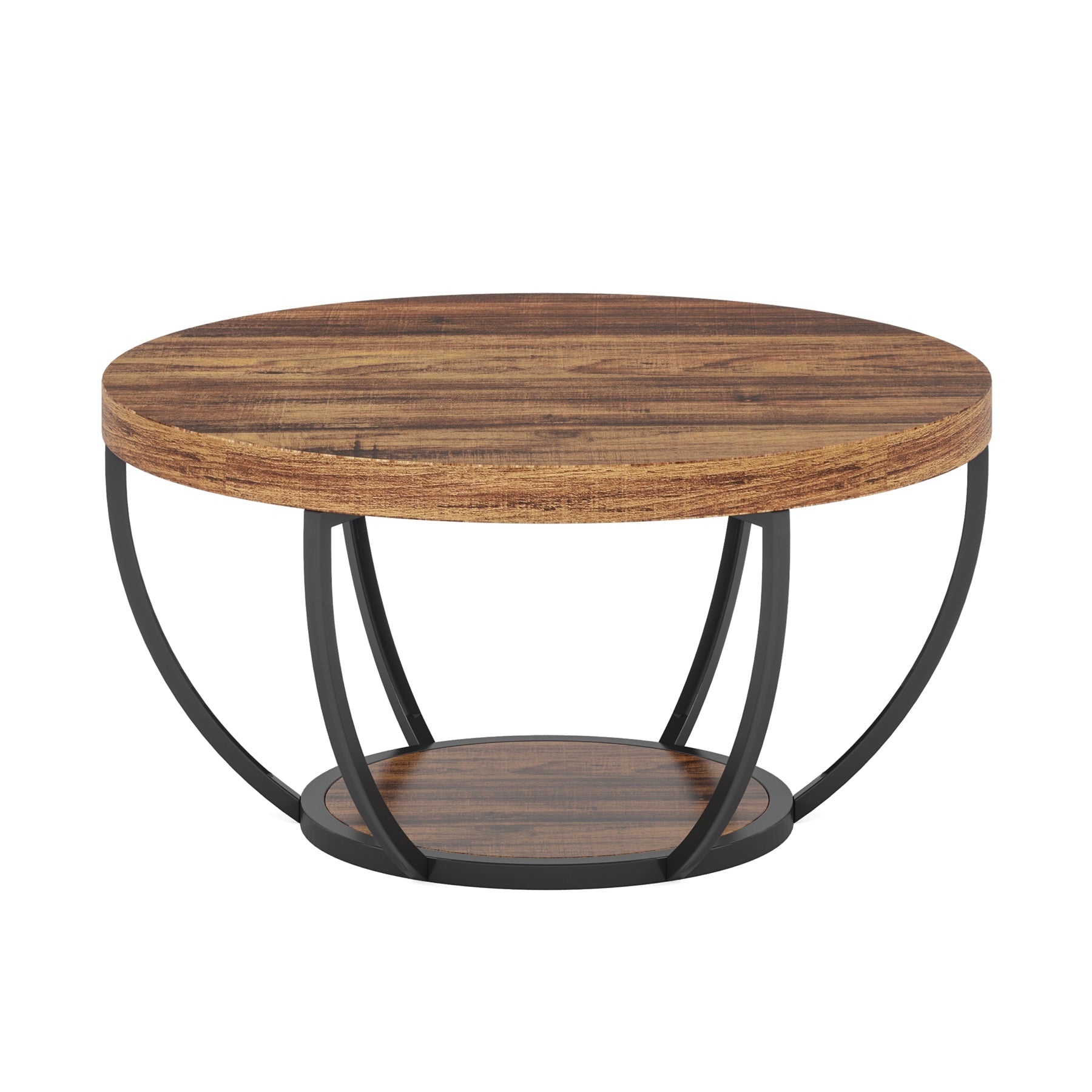 Wooden Coffee Table, 2-Tier Round Central Cocktail Table with Shelves (cm)