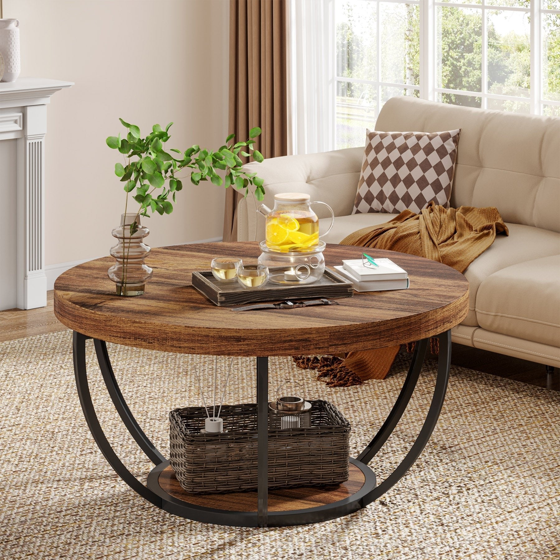 Wooden Coffee Table, 2-Tier Round Central Cocktail Table with Shelves (cm)