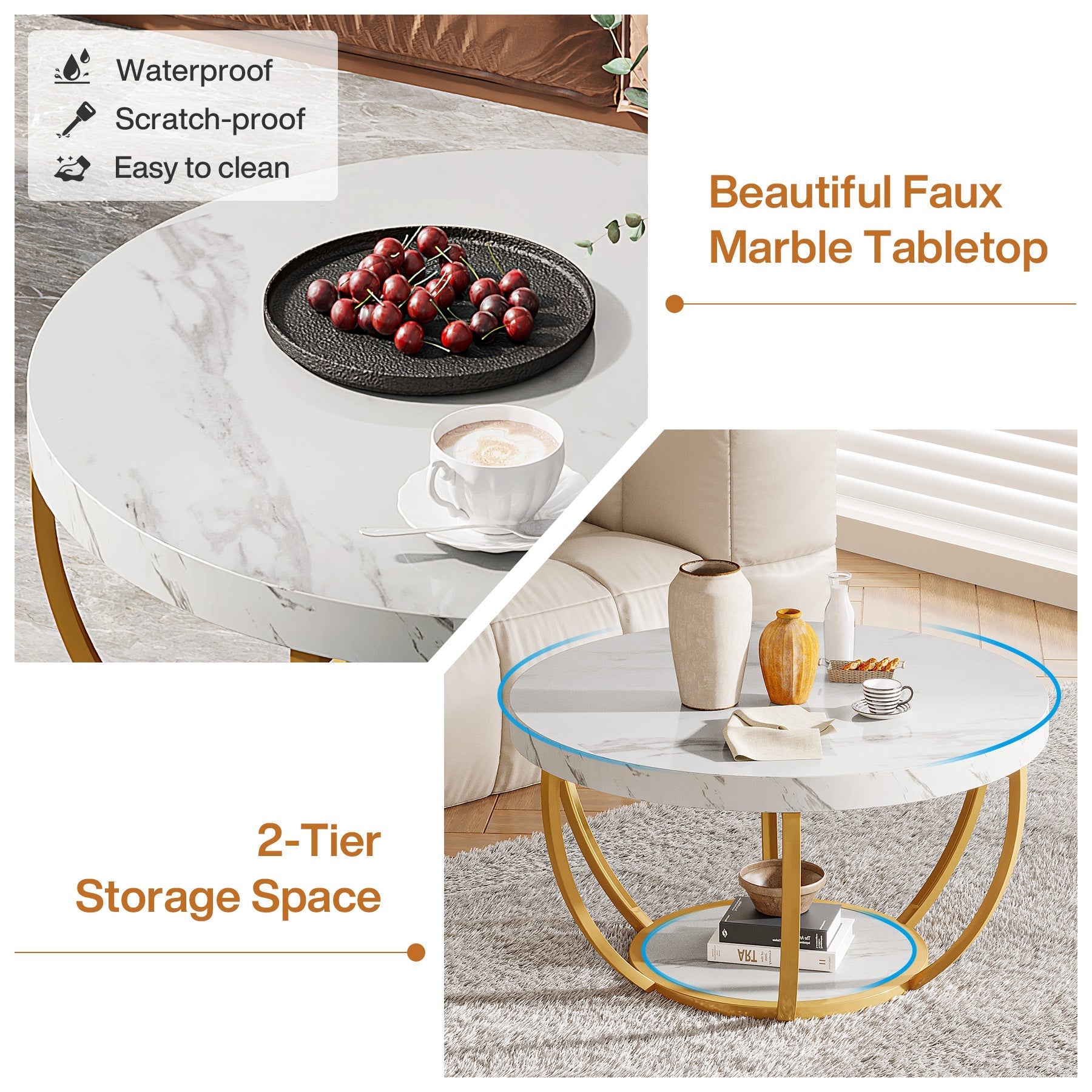 Wooden Coffee Table, 2-Tier Round Central Cocktail Table with Shelves (cm)