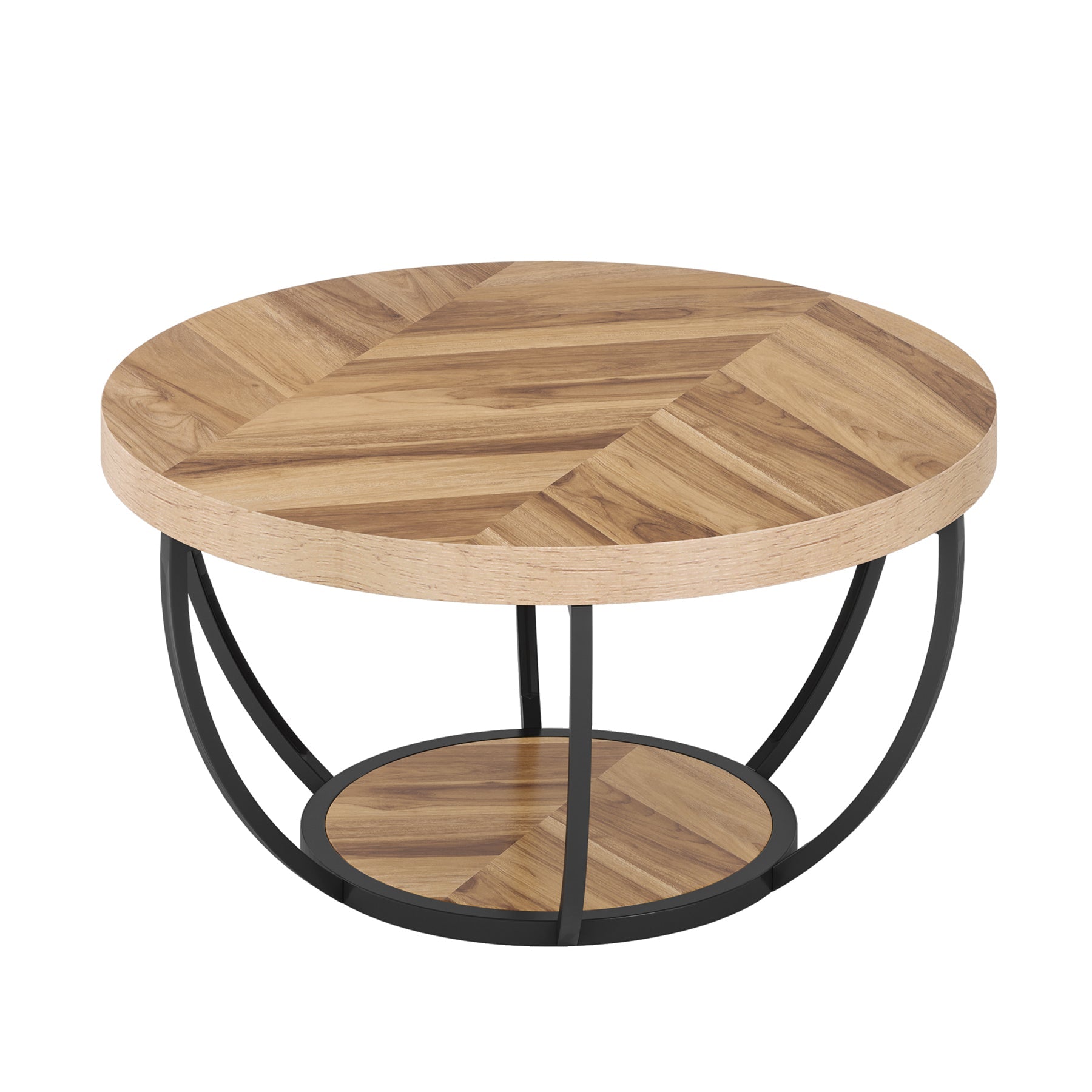 Wooden Coffee Table, 2-Tier Round Central Cocktail Table with Shelves (cm)