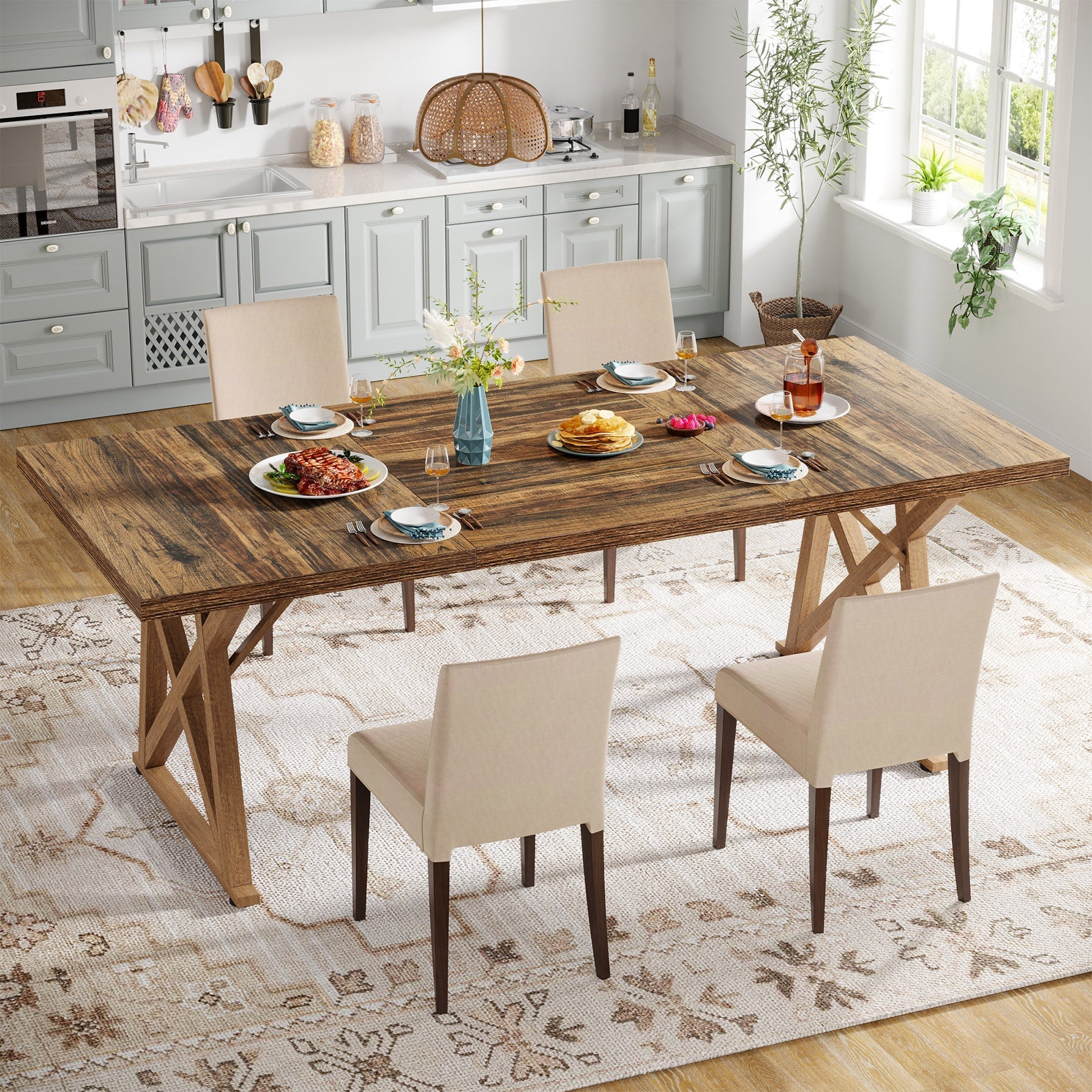 Wooden Dining Table, 180 cm Kitchen Dinner Table for 6 to 8 People