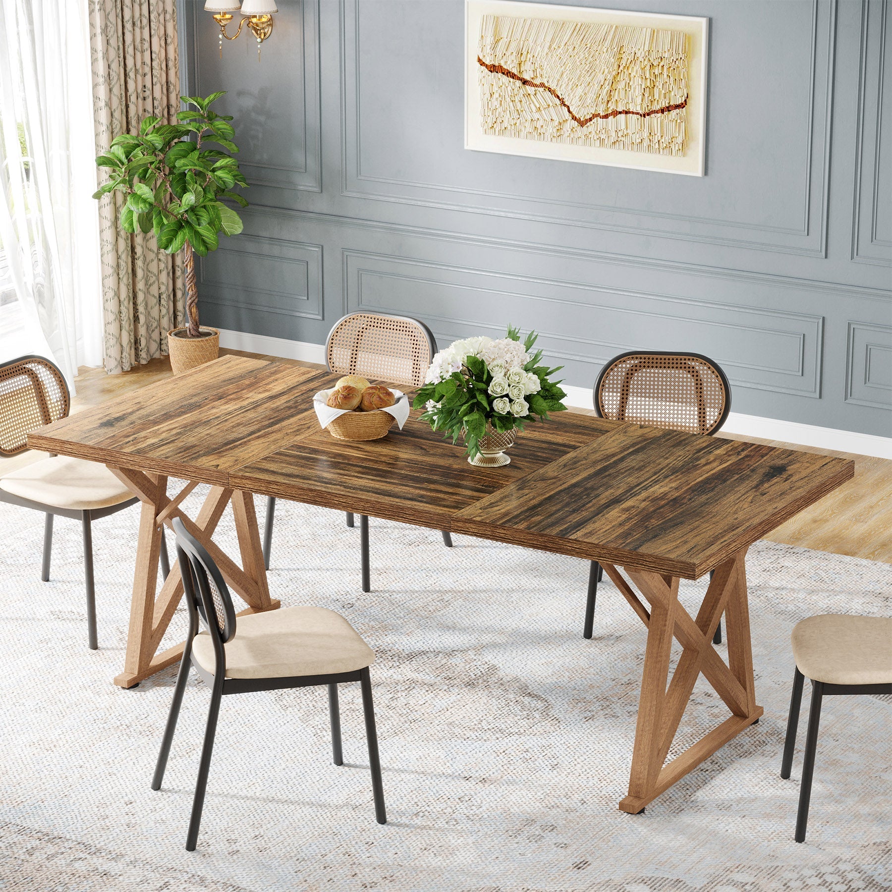 Wooden Dining Table, 180 cm Kitchen Dinner Table for 6 to 8 People