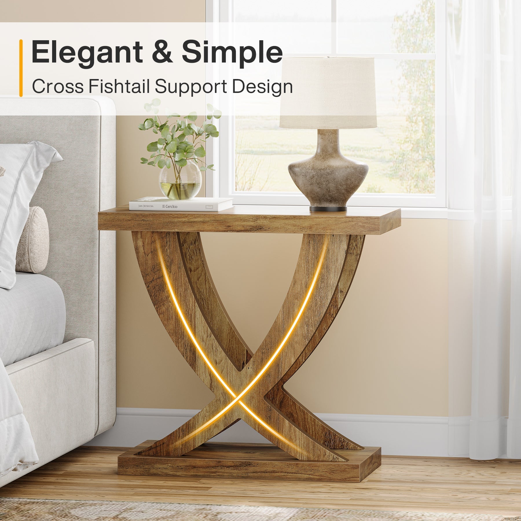 Wooden End Table, Farmhouse Side Table Nightstand with Cross Fishtail Support