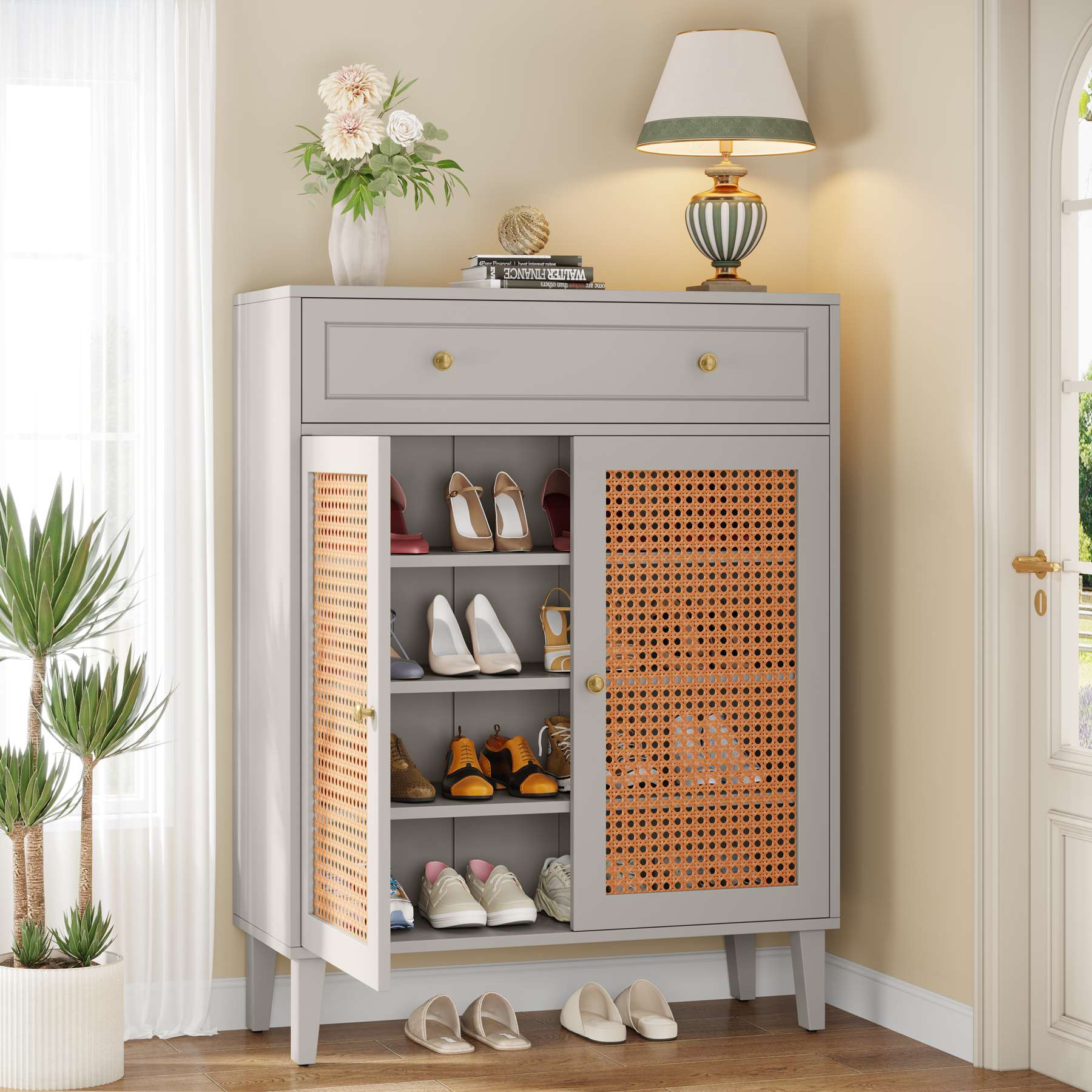 Wooden Shoe Cabinet, Rattan Shoe Organizer with Doors and Drawer (in cm)