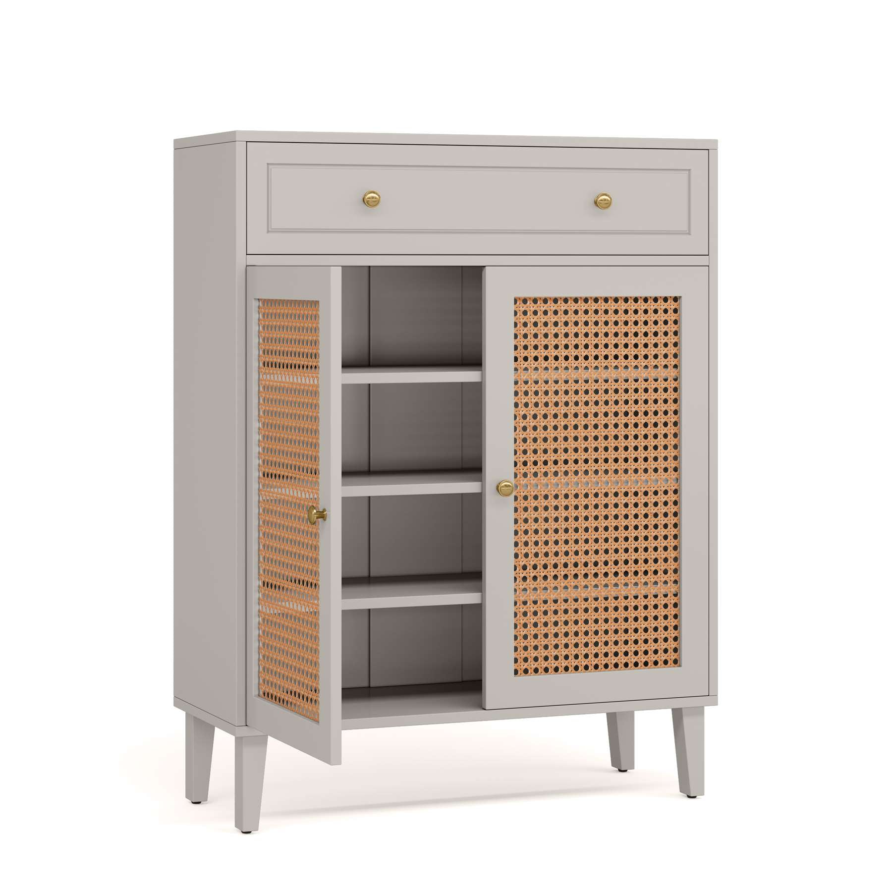 Wooden Shoe Cabinet, Rattan Shoe Organizer with Doors and Drawer (in cm)